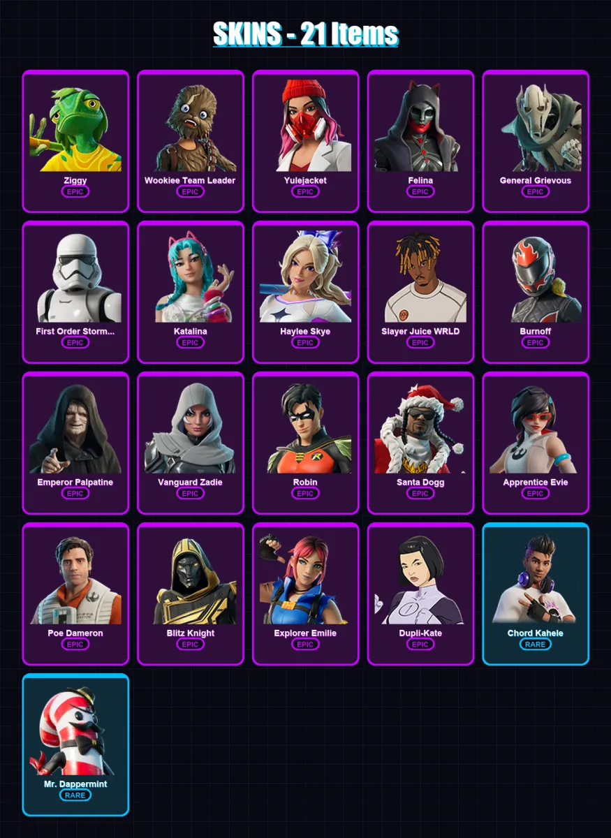 [PC/XBOX/PSN] | Ziggy | Wookiee Team Leader | Yulejacket | Felina | General Grievous | 21 skin | 55 pickaxe | 22 emote | 37 glider | Lv706