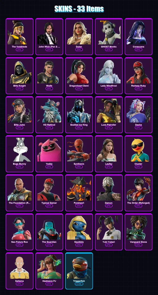 [PC/XBOX/PSN] | The Voidblade | John Wick (Pen & Ink) | Dylan | GHOST Monks | Corascana | 33 skin | 45 pickaxe | 32 emote | 36 glider | Lv374