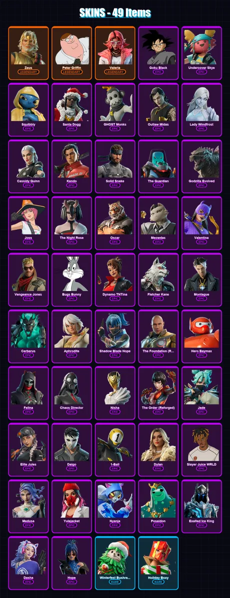 [PS4/PS5/XBOX/PC] | Zeus | Peter Griffin | Valeria | Goku Black | Undercover Skye | 49 skin | 82 pickaxe | 48 emote | 60 glider | Lv650