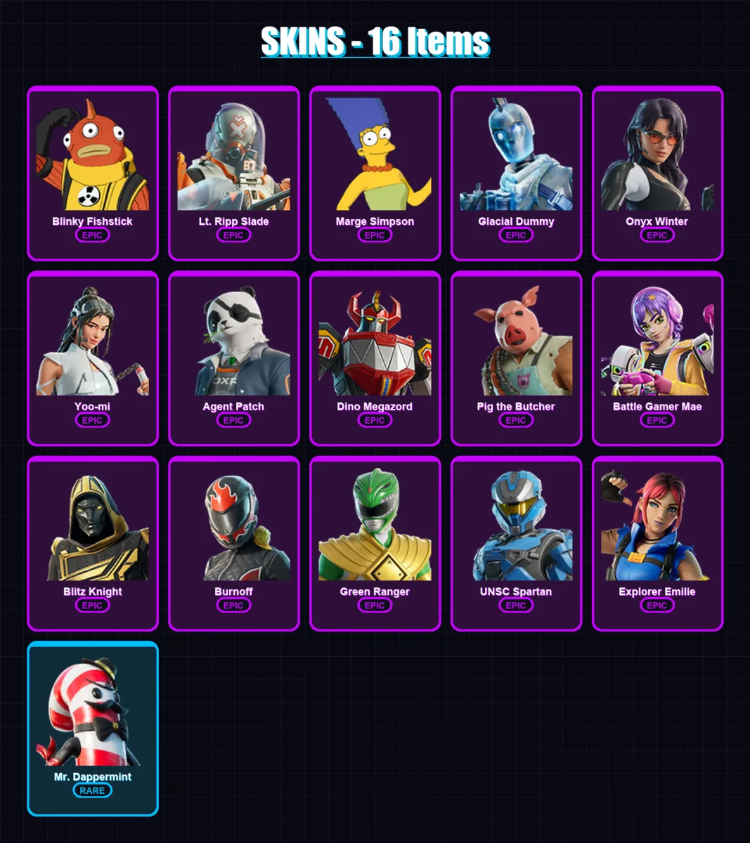 [PC/XBOX/PSN] | Blinky Fishstick | Lt. Ripp Slade | Marge Simpson | Glacial Dummy | Onyx Winter | 16 skin | 54 pickaxe | 33 emote | 38 glider | Lv55 — Fortnite account