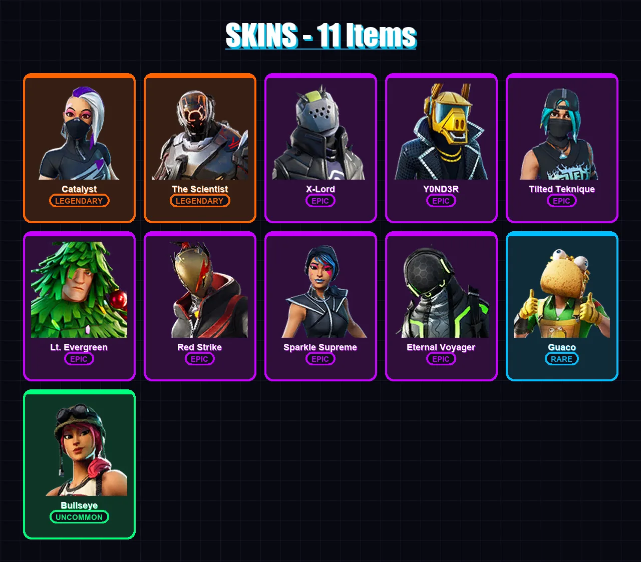 [PC/XBOX/PSN] | Catalyst | The Scientist | X-Lord | Y0ND3R | Tilted Teknique | 11 skin | 9 pickaxe | 20 emote | 12 glider | Lv175