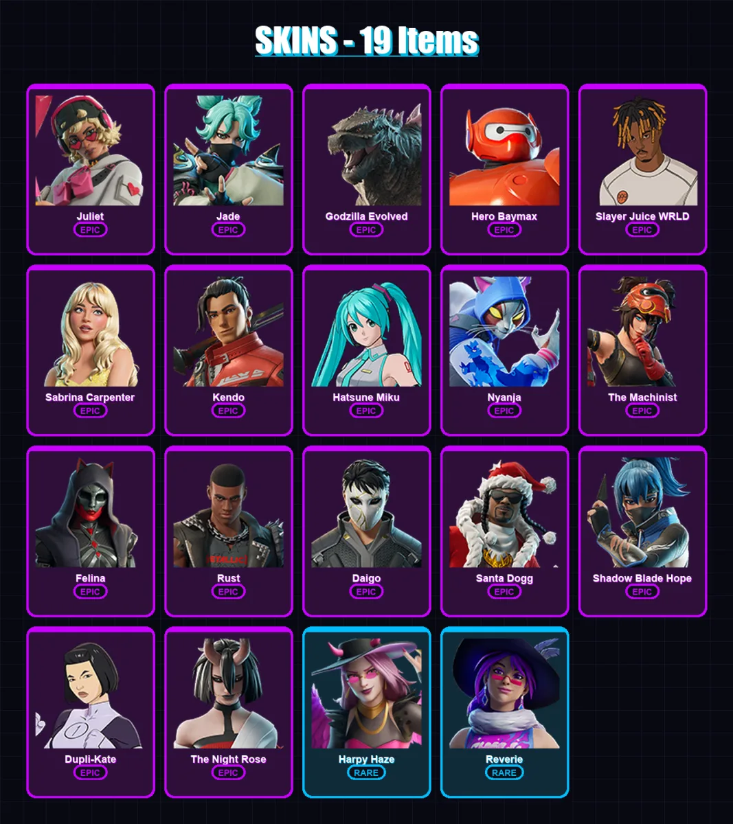 [PC/XBOX/PSN] | Juliet | Jade | Godzilla Evolved | Hero Baymax | Slayer Juice WRLD | 19 skin | 54 pickaxe | 31 emote | 32 glider | Lv461