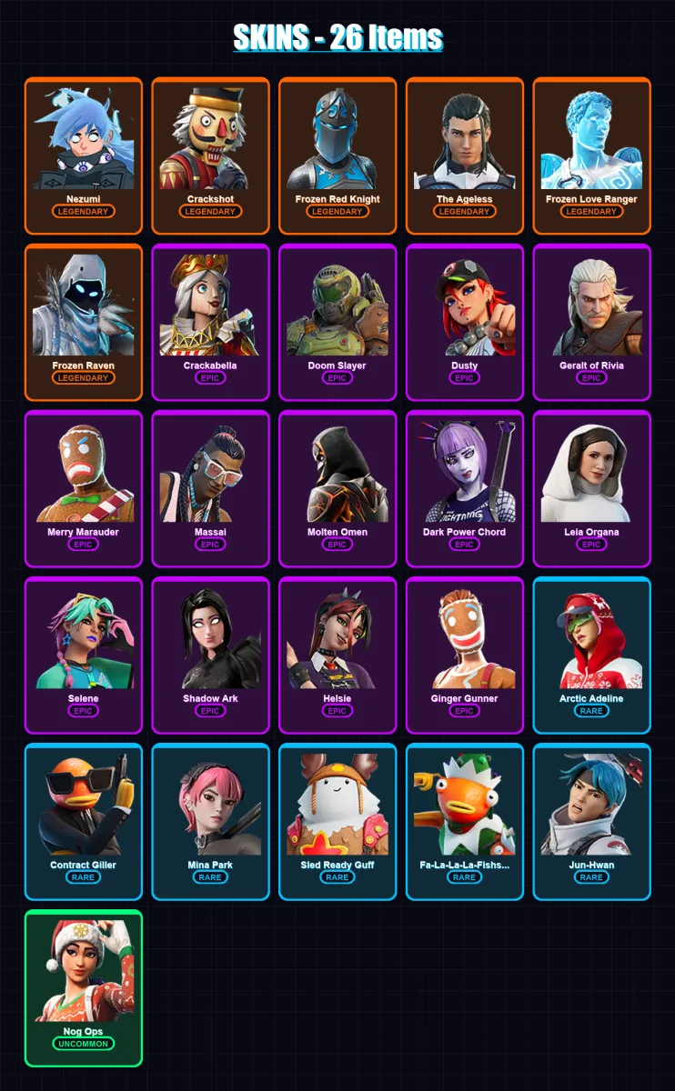 [PC/PSN] | Nezumi | Crackshot | Frozen Red Knight | The Ageless | Frozen Love Ranger | 26 skin | 22 pickaxe | 28 emote | 18 glider | Lv220