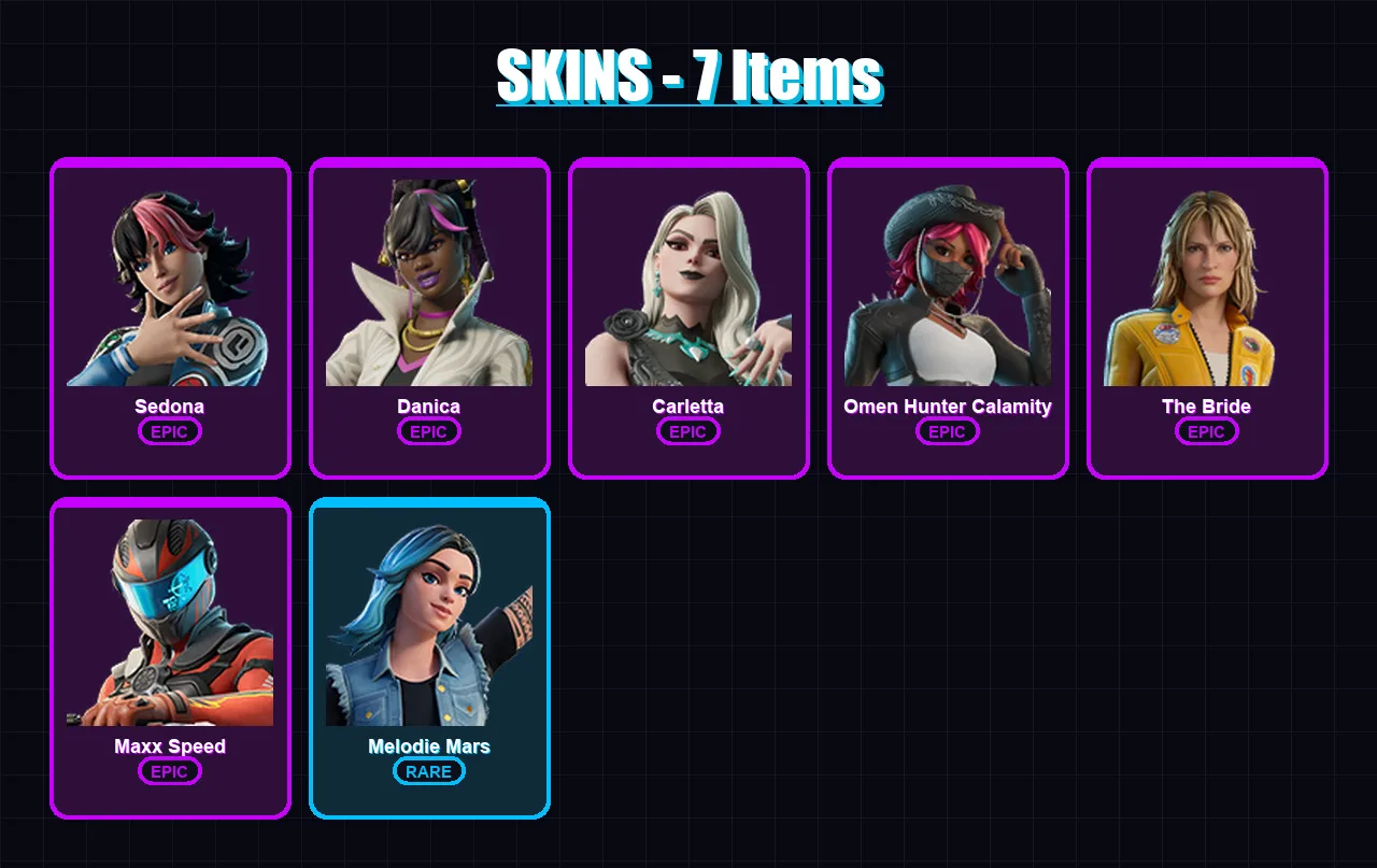 [PC/PSN] | Sedona | Danica | Carletta | Omen Hunter Calamity | The Bride | 7 skin | 4 pickaxe | 2 emote | 1 glider | Lv3