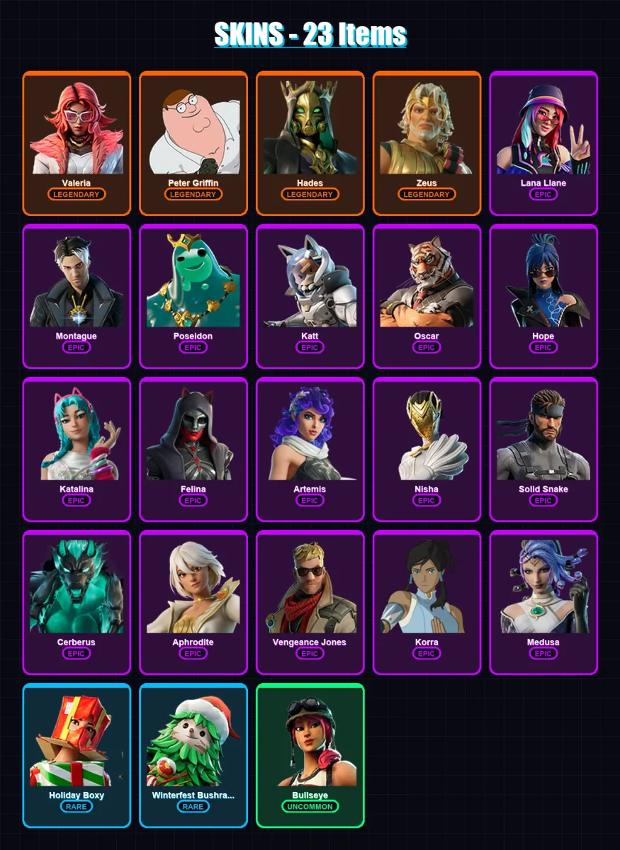 [PC/XBOX/PSN] | Valeria | Peter Griffin | Hades | Zeus | Lana Llane | 23 skin | 36 pickaxe | 30 emote | 26 glider | Lv533