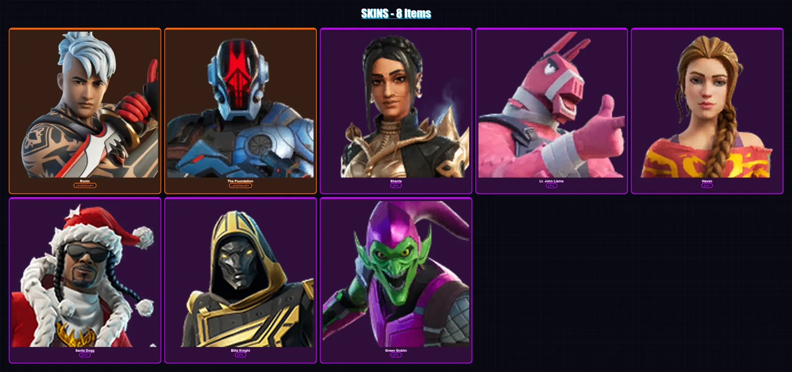 [SWITCH/XBOX/PSN/PC] | Ronin | The Foundation | Shanta | Lt. John Llama | Haven | 8 skin | 19 pickaxe | 13 emote | 18 glider | Lv204