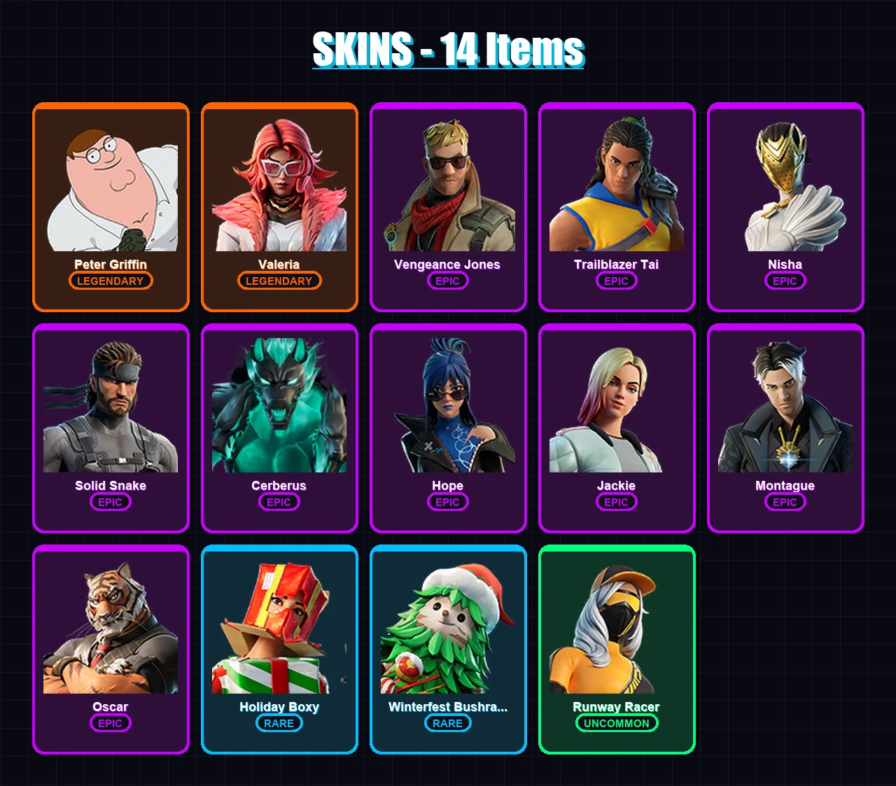 [PC/XBOX/PSN] | Peter Griffin | Valeria | Vengeance Jones | Trailblazer Tai | Nisha | 14 skin | 14 pickaxe | 10 emote | 10 glider | Lv145 — Fortnite account