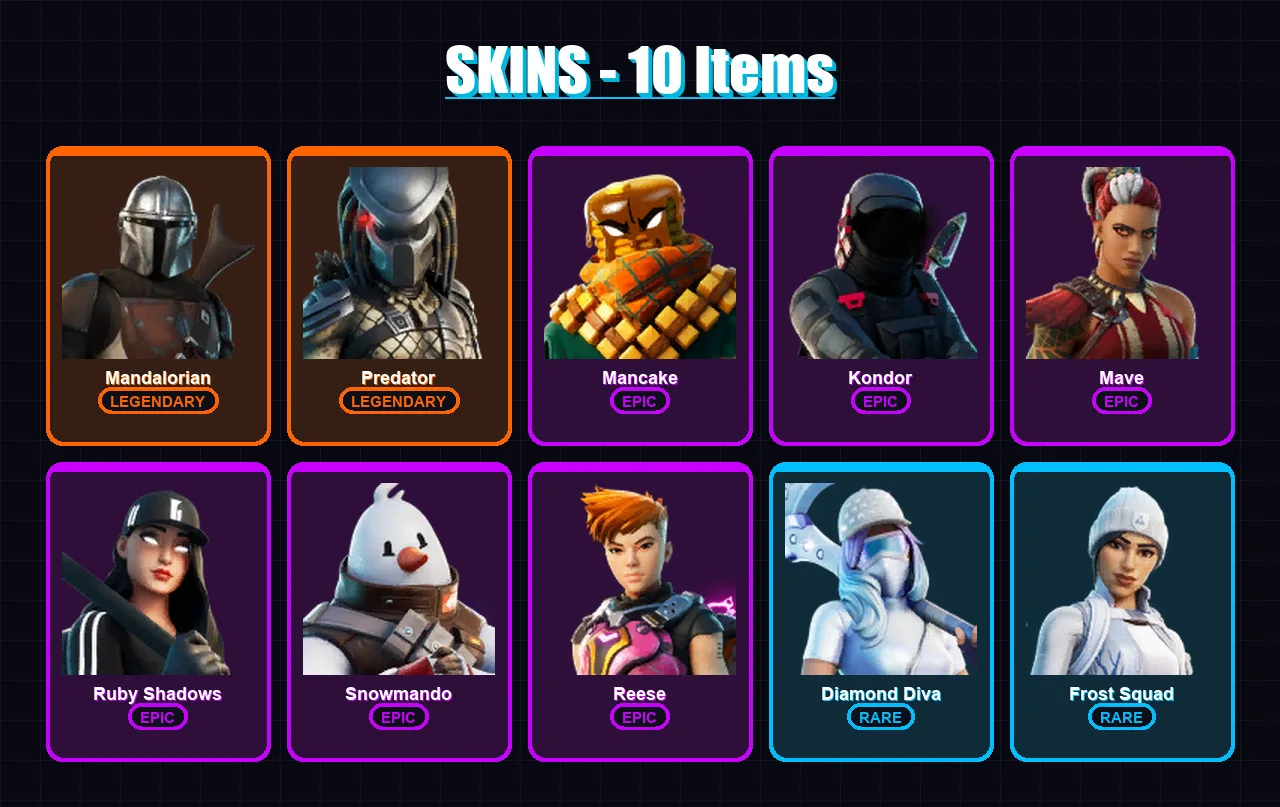 [PC/XBOX/PSN] | Mandalorian | Predator | Mancake | Kondor | Mave | 10 skin | 12 pickaxe | 10 emote | 13 glider | Lv140