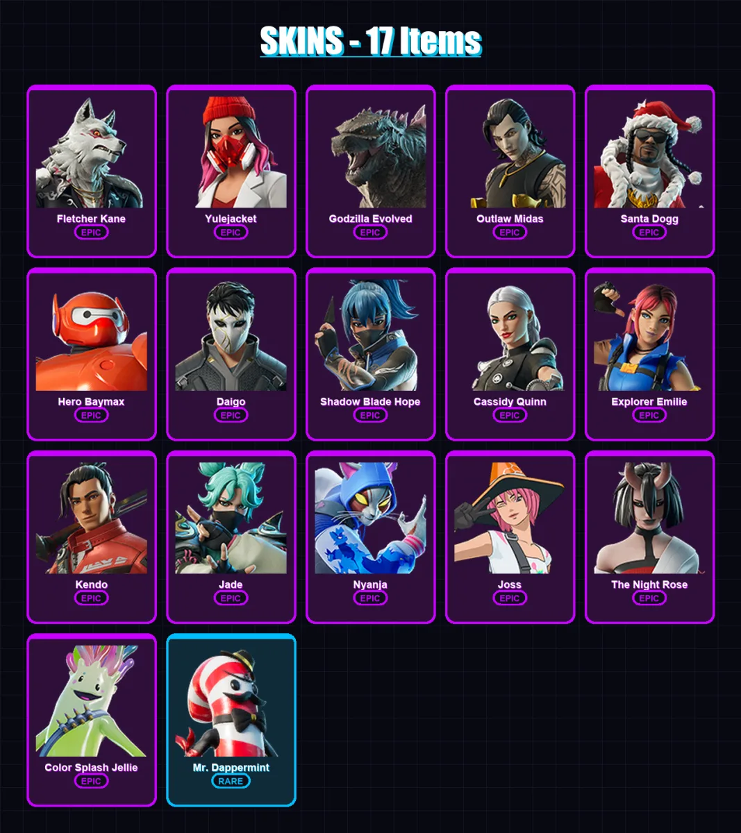 [PC] | Fletcher Kane | Yulejacket | Godzilla Evolved | Outlaw Midas | Santa Dogg | 17 skin | 27 pickaxe | 19 emote | 18 glider | Lv214 — Fortnite account