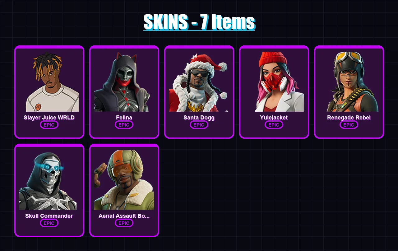 [PS4/PS5/XBOX/PC] | Slayer Juice WRLD | Felina | Santa Dogg | Yulejacket | Renegade Rebel | 7 skin | 40 pickaxe | 16 emote | 26 glider | Lv389