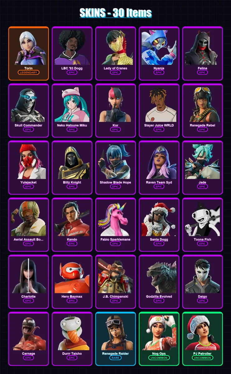 [PC/XBOX] | Torin | LBC '93 Dogg | Lady of Cranes | Nyanja | Felina | 30 skin | 71 pickaxe | 51 emote | 42 glider | Lv693