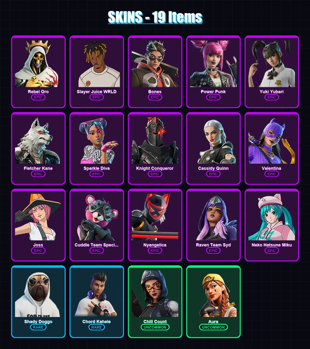[PC/XBOX/PSN] | Rebel Oro | Slayer Juice WRLD | Bones | Power Punk | Yuki Yubari | 19 skin | 35 pickaxe | 25 emote | 26 glider | Lv323