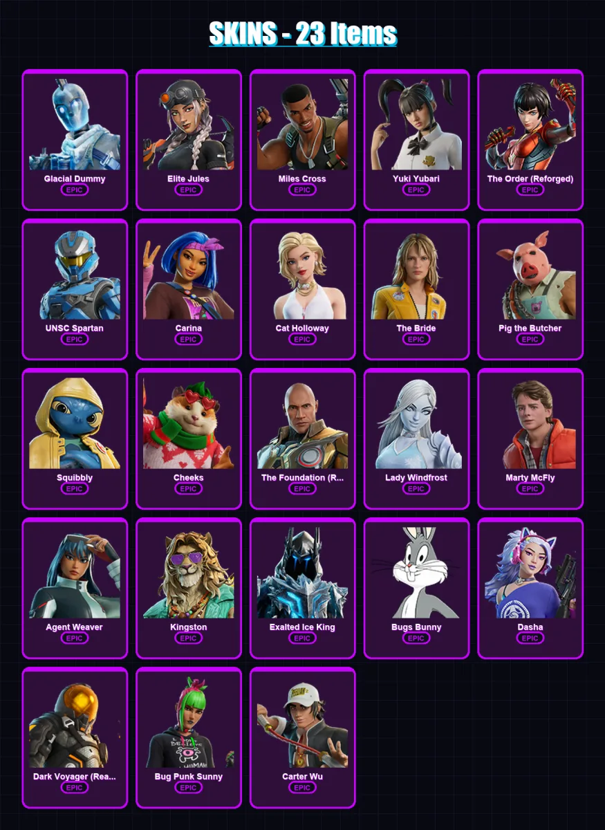[PC/PSN] | Glacial Dummy | Elite Jules | Miles Cross | Yuki Yubari | The Order (Reforged) | 23 skin | 52 pickaxe | 30 emote | 33 glider | Lv812