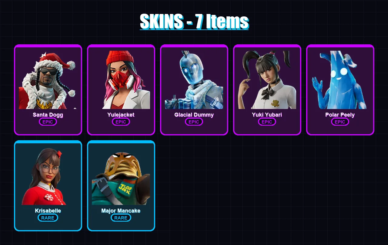 [PS4/PS5/XBOX/PC] | Santa Dogg | Yulejacket | Glacial Dummy | Yuki Yubari | Polar Peely | 7 skin | 49 pickaxe | 23 emote | 37 glider | Lv473