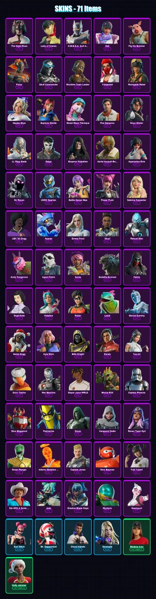 [PC] | The Night Rose | Lady of Cranes | O.M.E.G.A. Suit Alpha | Dali | Pig the Butcher | 71 skin | 116 pickaxe | 65 emote | 62 glider | Lv1321