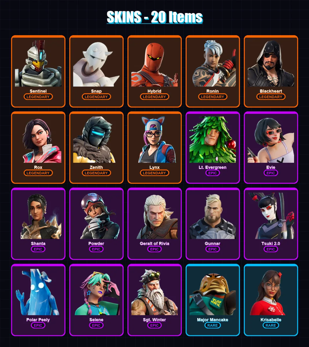 [PC/XBOX/PSN] | Sentinel | Snap | Hybrid | Ronin | Blackheart | 20 skin | 32 pickaxe | 28 emote | 33 glider | Lv378