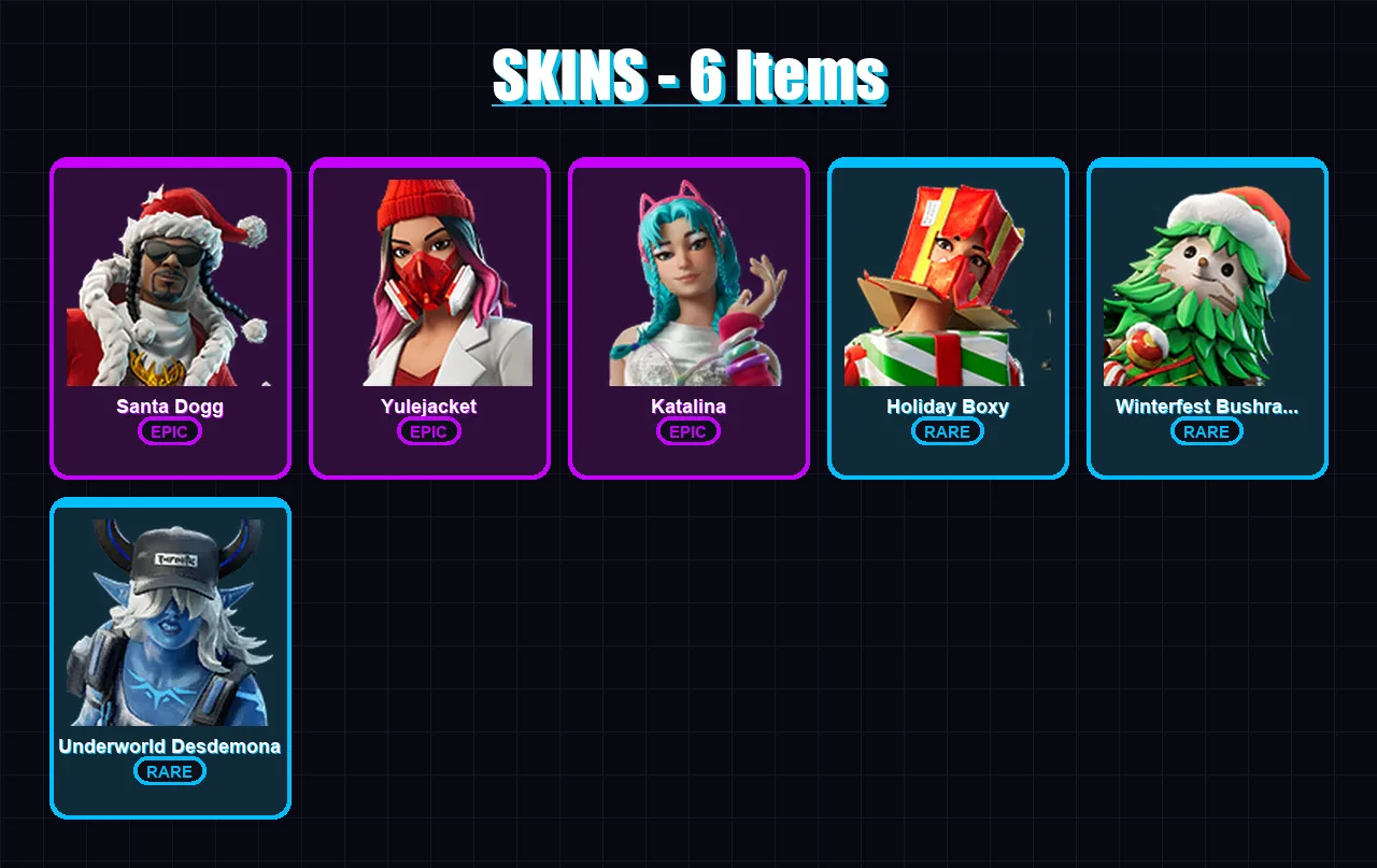 [PC/XBOX/PSN] | Santa Dogg | Yulejacket | Katalina | Holiday Boxy | Winterfest Bushranger | 6 skin | 17 pickaxe | 8 emote | 16 glider | Lv284