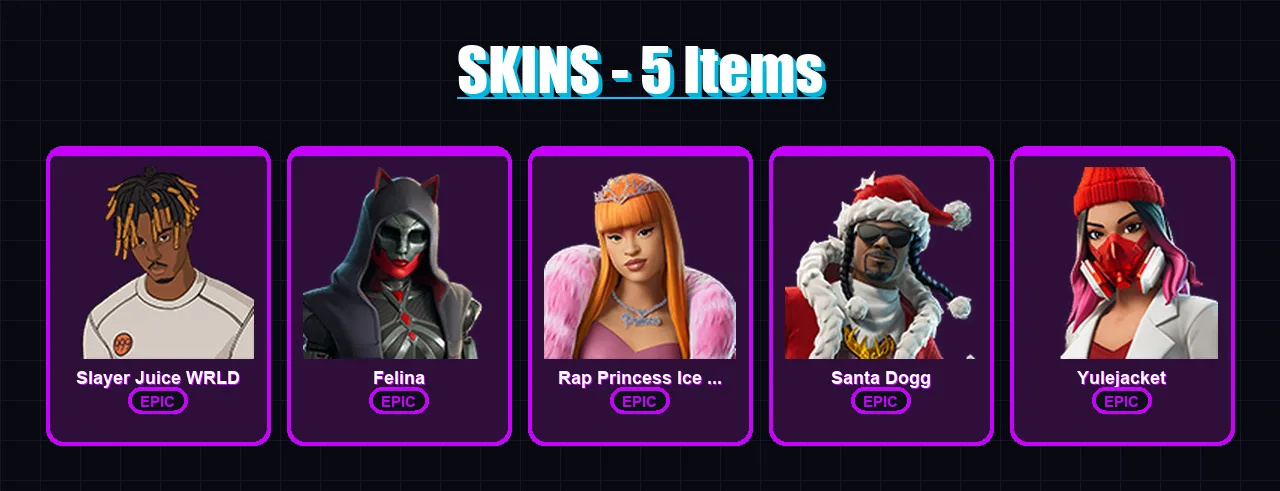 [PS4/PS5/XBOX/PC] | Slayer Juice WRLD | Felina | Rap Princess Ice Spice | Santa Dogg | Yulejacket | 5 skin | 18 pickaxe | 7 emote | 11 glider | Lv12