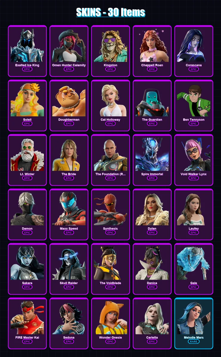 [PC/PSN] | Exalted Ice King | Omen Hunter Calamity | Kingston | Chappell Roan | Corascana | 30 skin | 37 pickaxe | 11 emote | 18 glider | Lv96
