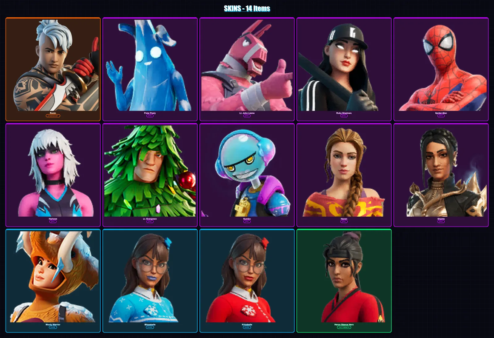 [PC/XBOX] | Ronin | Polar Peely | Lt. John Llama | Ruby Shadows | Spider-Man | 14 skin | 36 pickaxe | 23 emote | 34 glider | Lv471