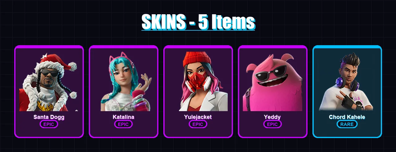 [PC/XBOX/PSN] | Santa Dogg | Katalina | Yulejacket | Yeddy | Chord Kahele | 5 skin | 11 pickaxe | 5 emote | 7 glider | Lv61
