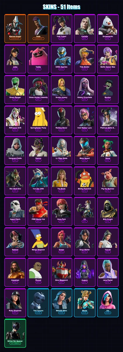 [PC/XBOX/PSN] | Eternal Knight | Fade | Yuki Yubari | Carletta | Snowmando | 51 skin | 96 pickaxe | 54 emote | 48 glider | Lv950