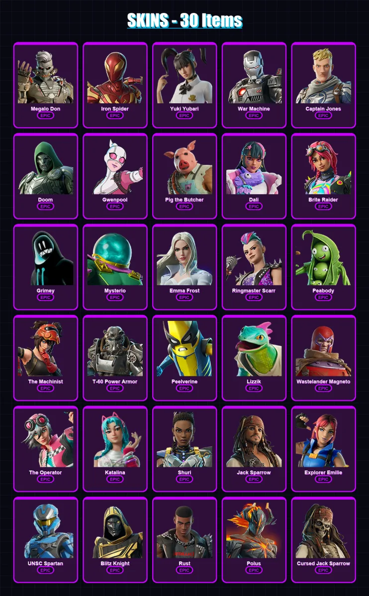 [PS4/PS5/XBOX/PC] | Megalo Don | Iron Spider | Yuki Yubari | War Machine | Captain Jones | 30 skin | 90 pickaxe | 44 emote | 55 glider | Lv1052