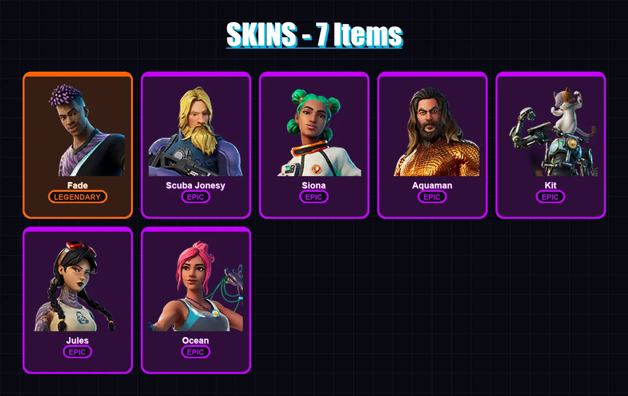 [PC/XBOX/PSN] | Fade | Scuba Jonesy | Siona | Aquaman | Kit | 7 skin | 15 pickaxe | 11 emote | 14 glider | Lv211