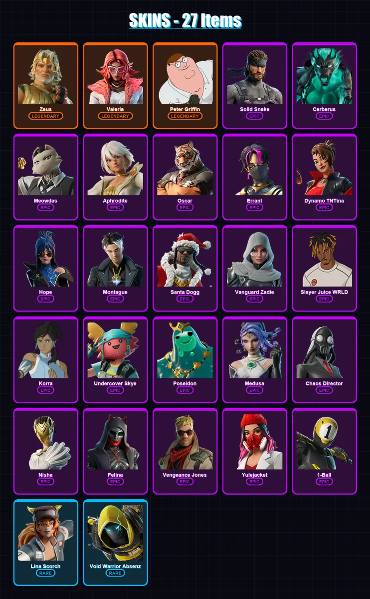 [PC/XBOX/PSN] | Zeus | Valeria | Peter Griffin | Solid Snake | Cerberus | 27 skin | 66 pickaxe | 39 emote | 45 glider | Lv943
