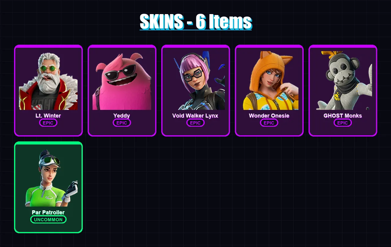 [PC/XBOX/PSN] | Lt. Winter | Yeddy | Void Walker Lynx | Wonder Onesie | GHOST Monks | 6 skin | 29 pickaxe | 16 emote | 22 glider | Lv324