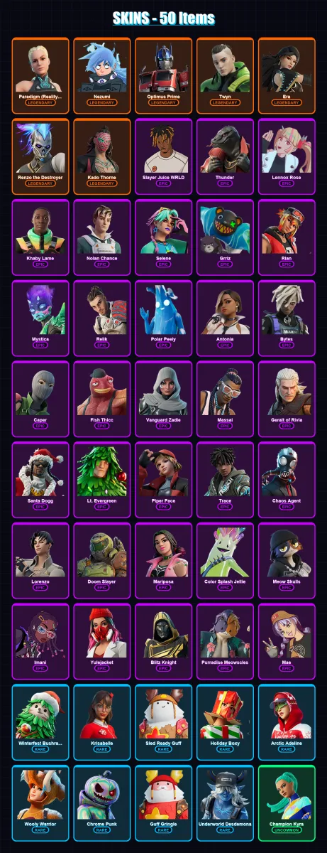 [PS4/PS5/XBOX/PC] | Paradigm (Reality-659) | Nezumi | Optimus Prime | Twyn | Era | 50 skin | 109 pickaxe | 71 emote | 93 glider | Lv1566
