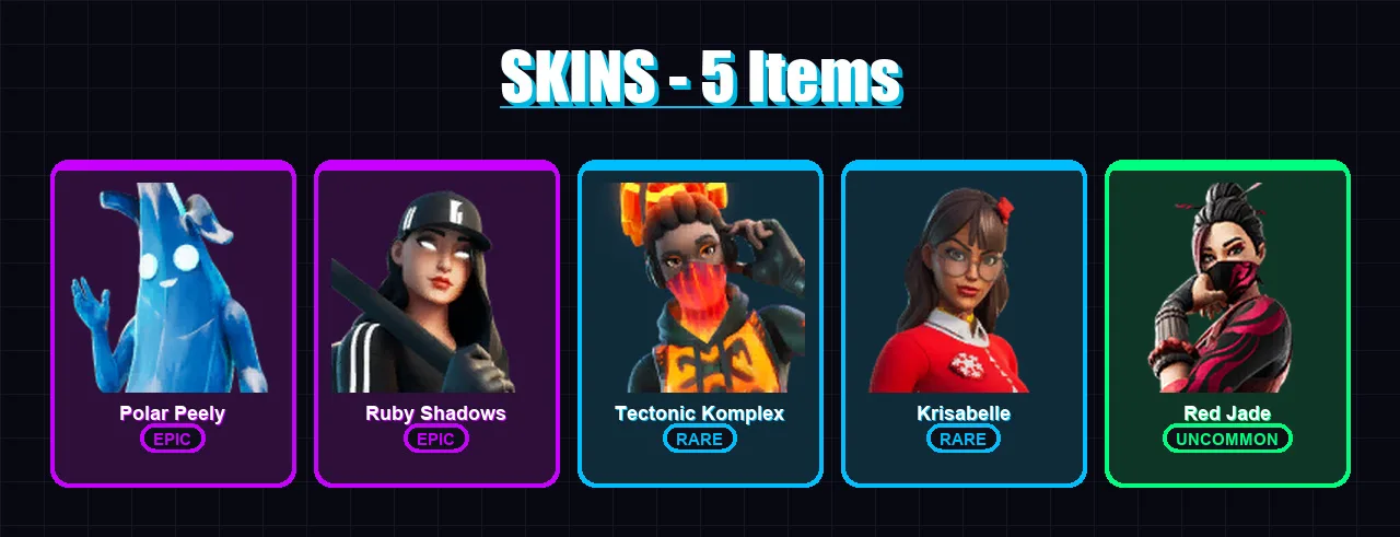 [PC/XBOX/PSN] | Polar Peely | Ruby Shadows | Tectonic Komplex | Krisabelle | Red Jade | 5 skin | 11 pickaxe | 14 emote | 14 glider | Lv304