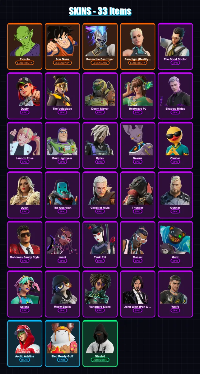 [PC/PSN] | Piccolo | Son Goku | Renzo the Destroyer | Paradigm (Reality-659) | The Good Doctor | 33 skin | 40 pickaxe | 39 emote | 46 glider | Lv375