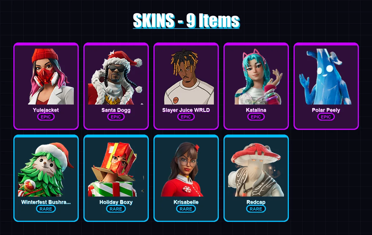 [PC/PSN] | Yulejacket | Santa Dogg | Slayer Juice WRLD | Katalina | Polar Peely | 9 skin | 32 pickaxe | 12 emote | 24 glider | Lv311