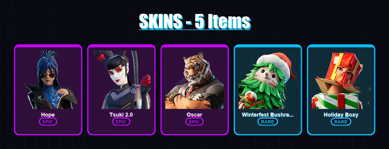 [PC/XBOX] | Hope | Tsuki 2.0 | Oscar | Winterfest Bushranger | Holiday Boxy | 5 skin | 12 pickaxe | 5 emote | 11 glider | Lv77