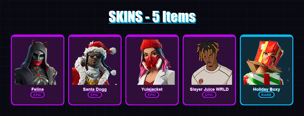 [PC/XBOX/PSN] | Felina | Santa Dogg | Yulejacket | Slayer Juice WRLD | Holiday Boxy | 5 skin | 22 pickaxe | 8 emote | 12 glider | Lv188