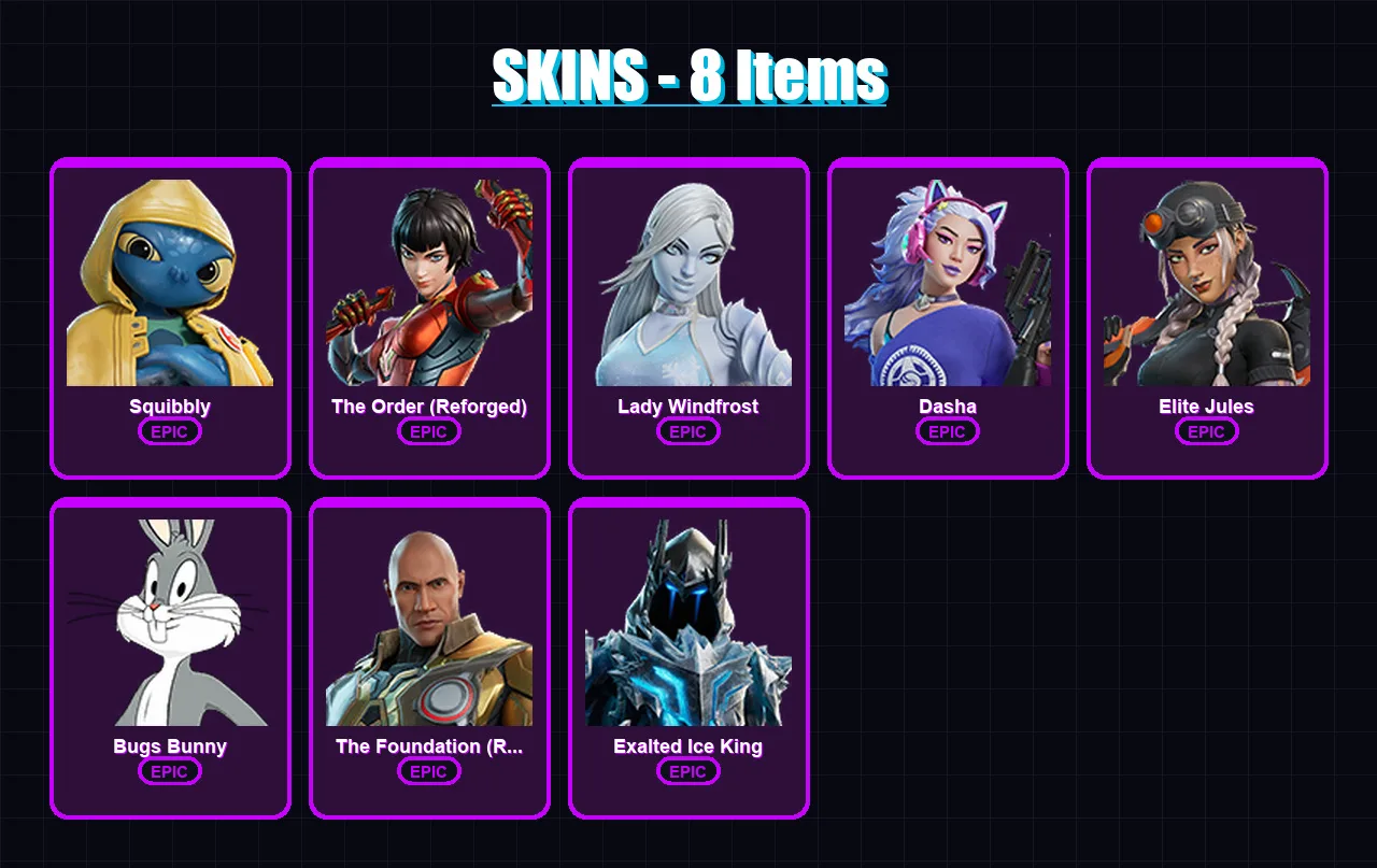 [PC/XBOX/PSN] | Squibbly | The Order (Reforged) | Lady Windfrost | Dasha | Elite Jules | 8 skin | 28 pickaxe | 15 emote | 21 glider | Lv197