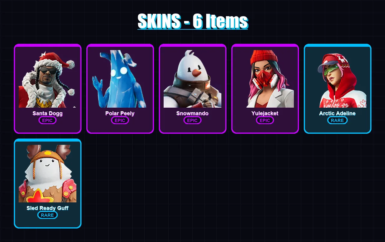 [PC/XBOX] | Santa Dogg | Polar Peely | Snowmando | Yulejacket | Arctic Adeline | 6 skin | 44 pickaxe | 21 emote | 22 glider | Lv371