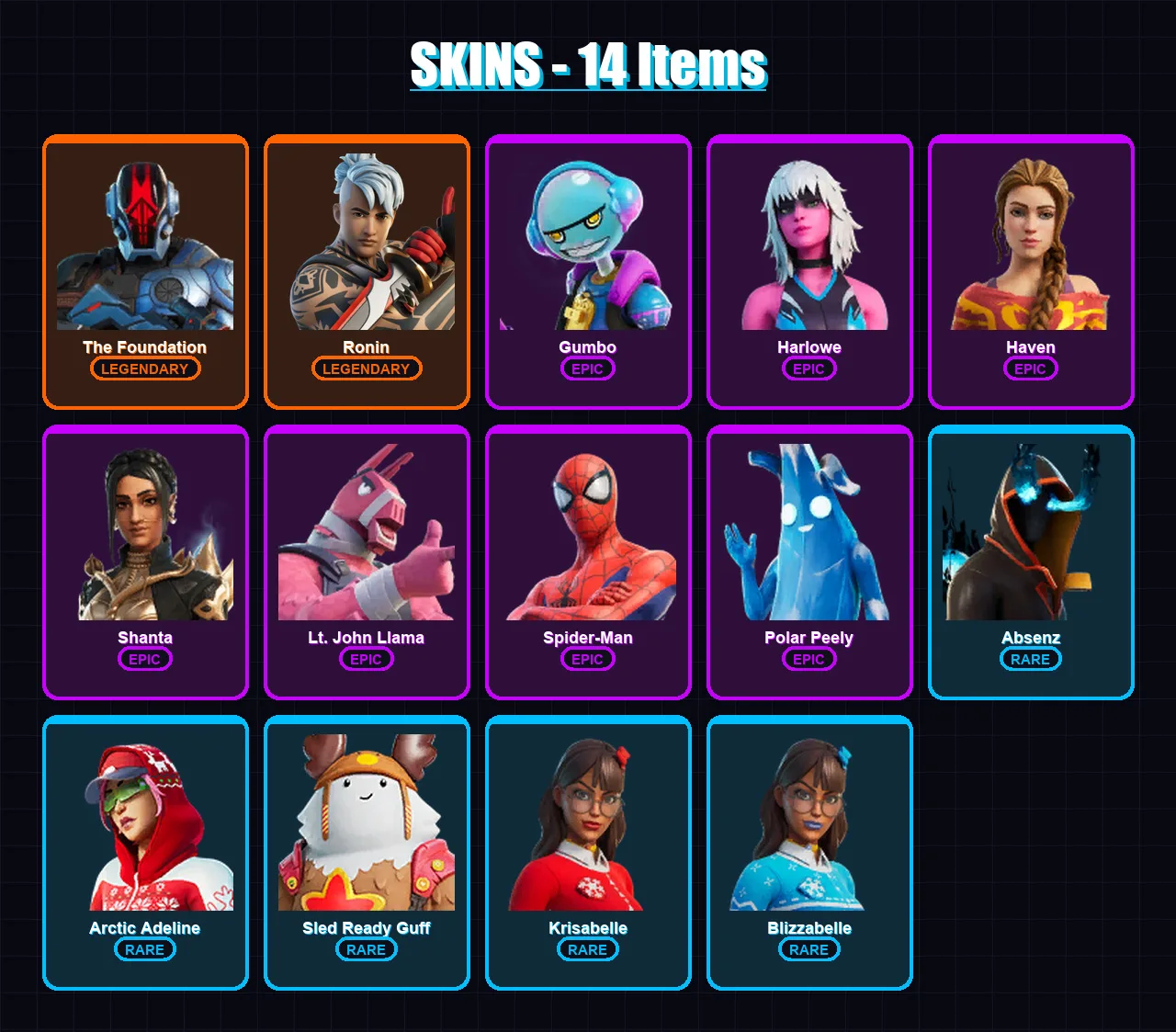 [PC/PSN] | The Foundation | Ronin | Gumbo | Harlowe | Haven | 14 skin | 18 pickaxe | 24 emote | 17 glider | Lv330