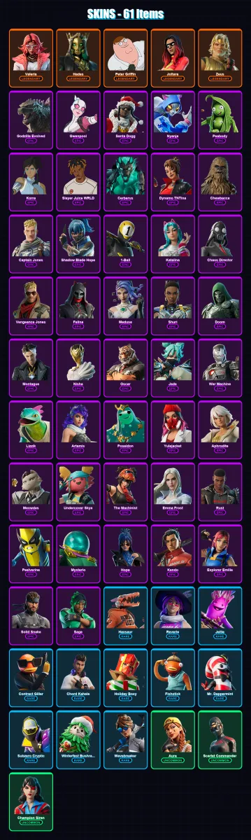 [PC/XBOX] | Valeria | Hades | Peter Griffin | Joltara | Zeus | 61 skin | 90 pickaxe | 72 emote | 62 glider | Lv1183