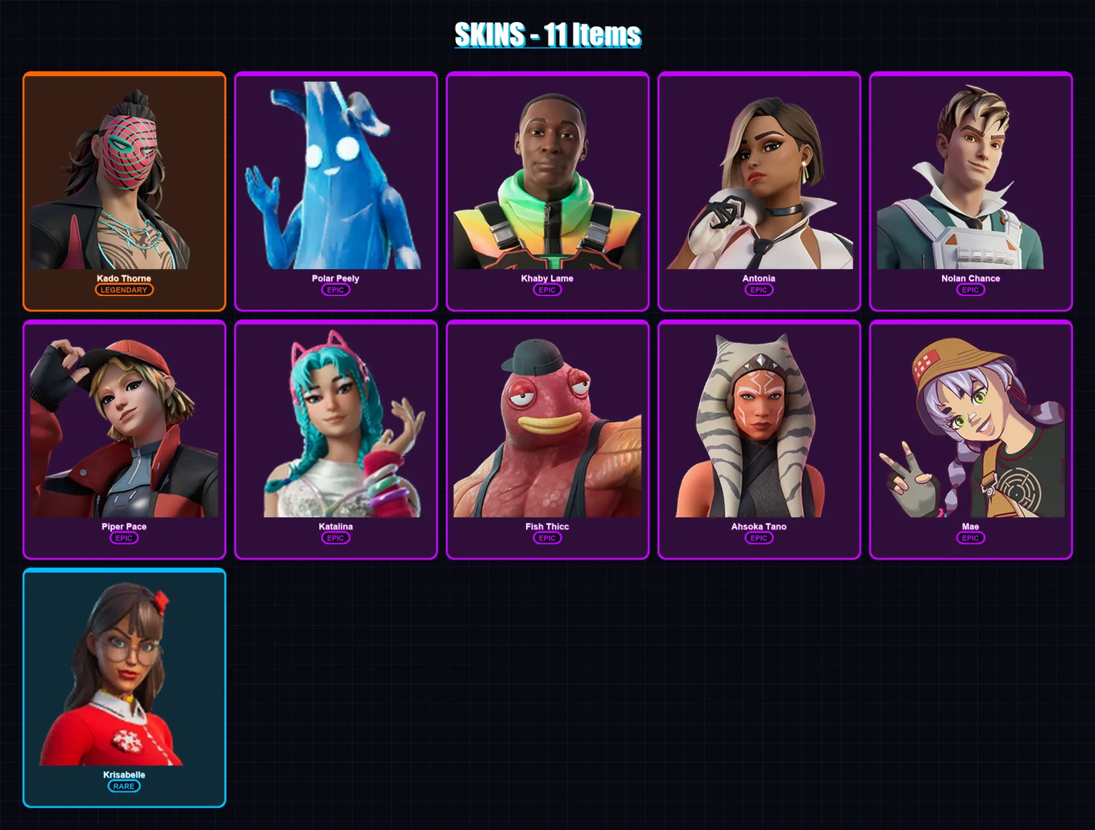 [PC/XBOX/PSN] | Kado Thorne | Polar Peely | Khaby Lame | Antonia | Nolan Chance | 11 skin | 25 pickaxe | 25 emote | 26 glider | Lv442