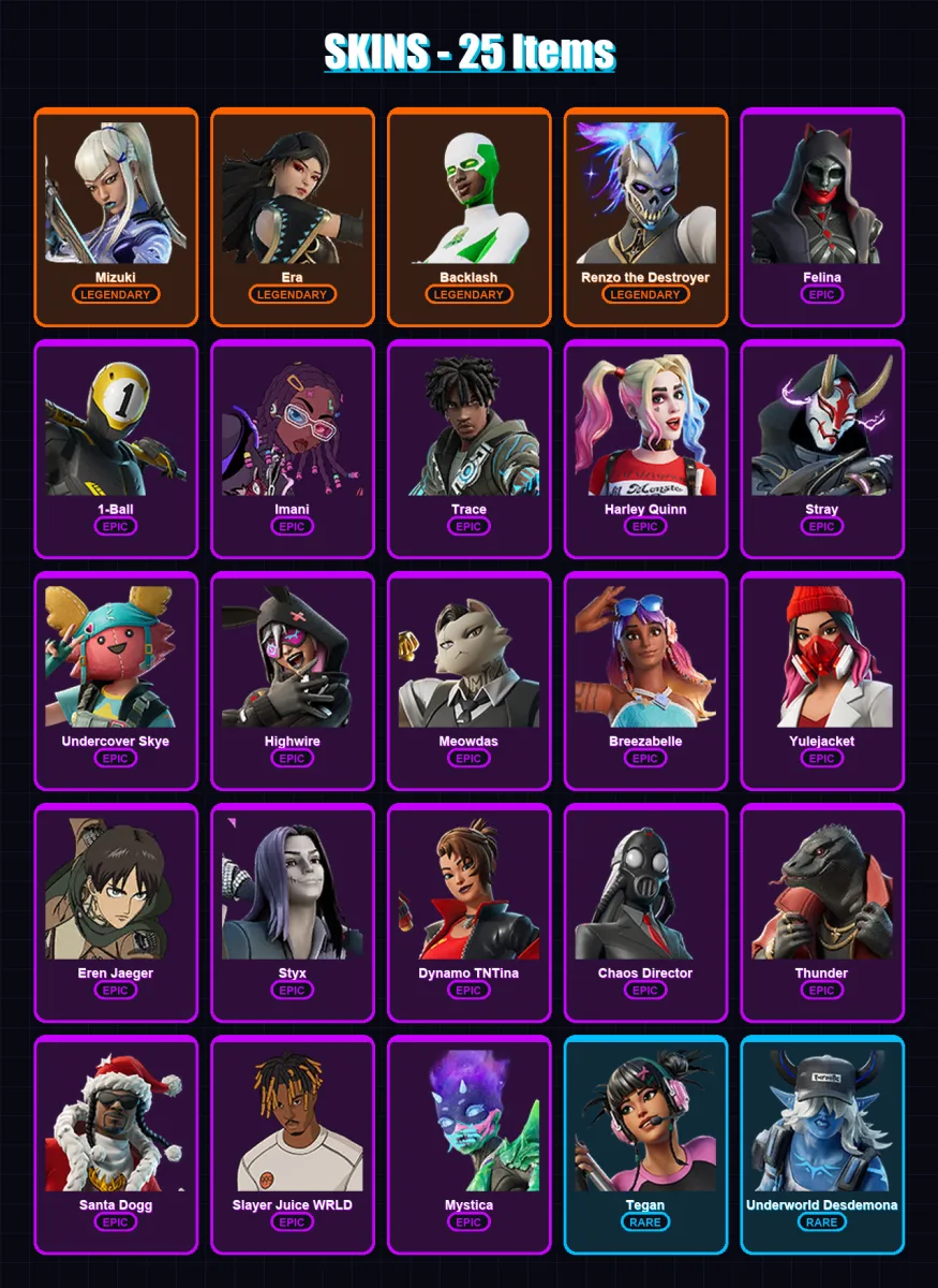 [PC/XBOX] | Mizuki | Era | Backlash | Renzo the Destroyer | Felina | 25 skin | 47 pickaxe | 25 emote | 35 glider | Lv365 — Fortnite account