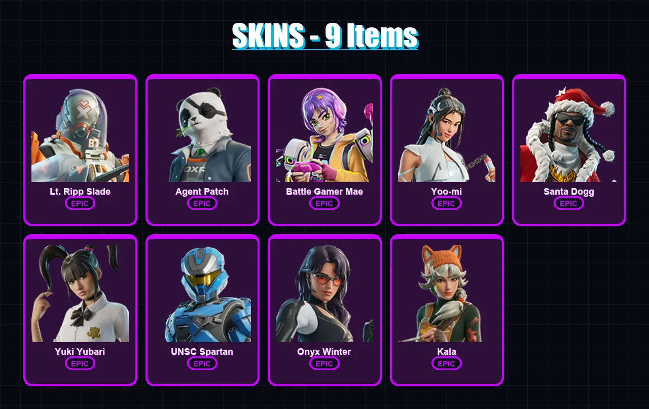 [PC/PSN] | Lt. Ripp Slade | Agent Patch | Battle Gamer Mae | Yoo-mi | Santa Dogg | 9 skin | 24 pickaxe | 13 emote | 15 glider | Lv131