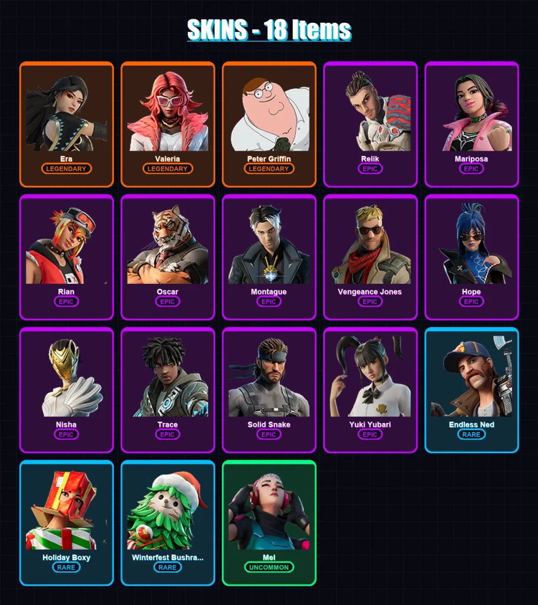 [PC/PSN] | Era | Valeria | Peter Griffin | Relik | Mariposa | 18 skin | 38 pickaxe | 27 emote | 36 glider | Lv560