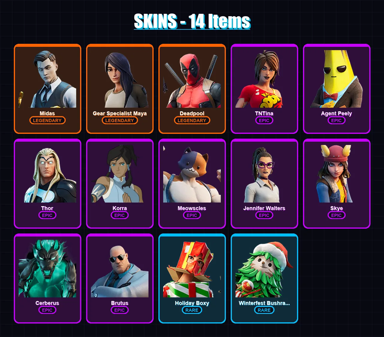 [PC] | Midas | Gear Specialist Maya | Deadpool | TNTina | Agent Peely | 14 skin | 32 pickaxe | 28 emote | 34 glider | Lv540