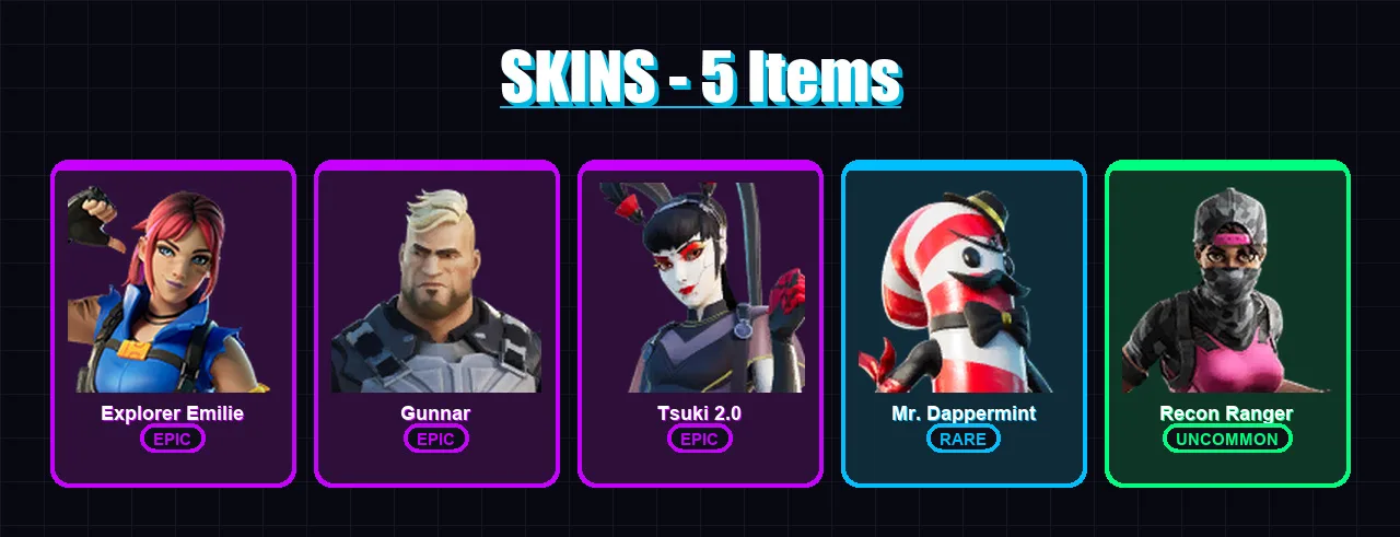 [PC/PSN] | Explorer Emilie | Gunnar | Tsuki 2.0 | Mr. Dappermint | Recon Ranger | 5 skin | 3 pickaxe | 3 emote | 5 glider | Lv30