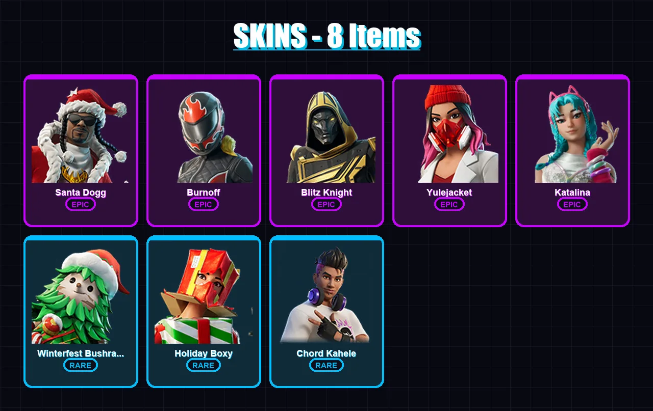 [PC/XBOX/PSN] | Santa Dogg | Burnoff | Blitz Knight | Yulejacket | Katalina | 8 skin | 37 pickaxe | 11 emote | 21 glider | Lv204
