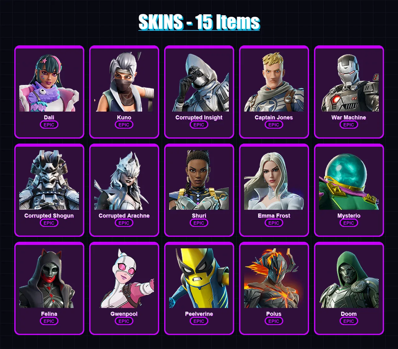 [PC/XBOX/PSN] | Dali | Kuno | Corrupted Insight | Captain Jones | War Machine | 15 skin | 16 pickaxe | 14 emote | 11 glider | Lv174