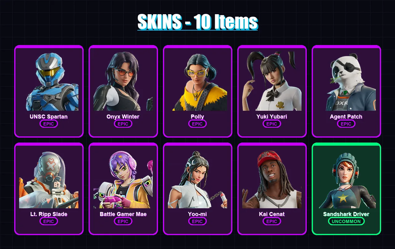 [PS4/PS5/XBOX/PC] | UNSC Spartan | Onyx Winter | Polly | Yuki Yubari | Agent Patch | 10 skin | 29 pickaxe | 19 emote | 20 glider | Lv169
