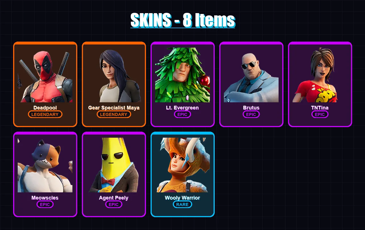 [PC/PSN] | Deadpool | Gear Specialist Maya | Lt. Evergreen | Brutus | TNTina | 8 skin | 14 pickaxe | 21 emote | 16 glider | Lv231